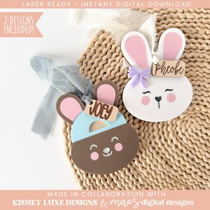 Hasenohren Ostern Namensschild SVG Datei | Ostern Junge und Mädchen Korb Anhänger | Glowforge Tag zwart | Osterei-Form-Svg-Datei | Ostern Laser Cut Datei