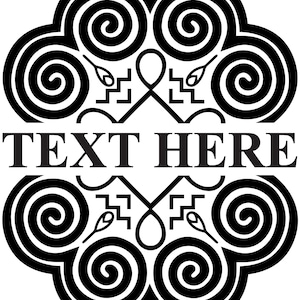 May include: Black and white graphic design with a decorative border of swirling circles. The text "TEXT HERE" is centered in the design.