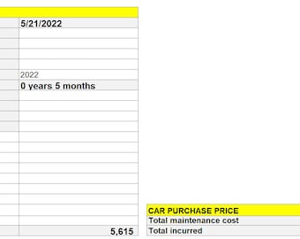 May include: A yellow table with black text showing a car purchase price of $2,000.00. The table also shows a total maintenance cost of $0.00 and a total incurred of $2,000.00.