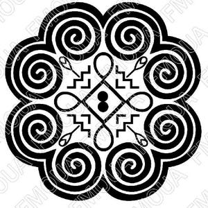May include: Black and white graphic design featuring a symmetrical floral pattern. The design includes spiral shapes, geometric stair-step elements, and a central diamond shape with two circles. The overall design is bold and eye-catching.