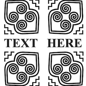 May include: Black and white graphic design with four repeating patterns of spirals. The text "TEXT HERE" is centered below the patterns.