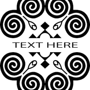 May include: Black and white graphic design with a decorative border of swirling circles. The text "TEXT HERE" is centered in the design.