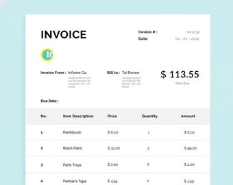 May include: Invoice for $113.55 from Inflame Co. with a list of items and prices, including paintbrush, black paint, paint trays, and painter's tape.
