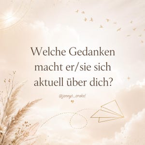 May include: A beige graphic card featuring the German text "Welche Gedanken macht er/sie sich aktuell über dich?" and the handle "@jennys_orakel". The design includes a line-art paper airplane, a small heart, and dried pampas grass on the left.
