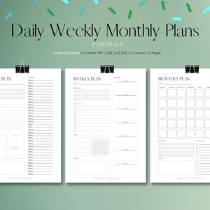 Puede incluir: Tres p&aacute;ginas de planificador imprimibles en orientaci&oacute;n vertical. Las p&aacute;ginas est&aacute;n etiquetadas como "Plan diario", "Plan semanal" y "Plan mensual". Cada p&aacute;gina tiene un dise&ntilde;o simple y minimalista con l&iacute;neas y texto negros.