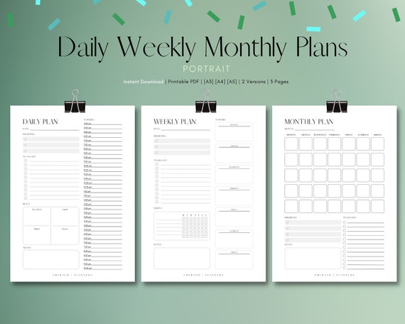 Daily Weekly Monthly Plans | Printable | PDF File | A3 A4 A5 | Instant Download | Emerald Planners