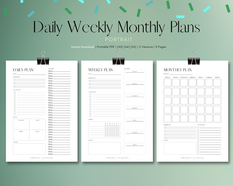Puede incluir: Tres p&aacute;ginas de planificador imprimibles en orientaci&oacute;n vertical. Las p&aacute;ginas est&aacute;n etiquetadas como "Plan diario", "Plan semanal" y "Plan mensual". Cada p&aacute;gina tiene un dise&ntilde;o simple y minimalista con l&iacute;neas y texto negros.