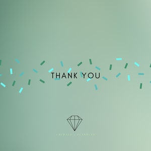 Puede incluir: Un fondo degradado verde con una dispersi&oacute;n de confeti azul claro y verde. El texto "THANK YOU" est&aacute; centrado en el medio de la imagen. Un diamante con el texto "EMERALD PLANNER" est&aacute; en la parte inferior de la imagen.