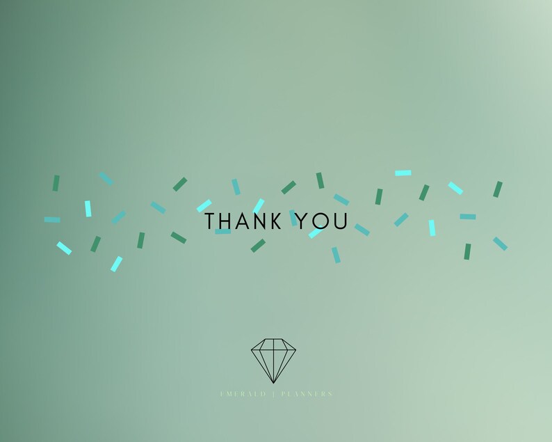 Puede incluir: Un fondo degradado verde con una dispersi&oacute;n de confeti azul claro y verde. El texto "THANK YOU" est&aacute; centrado en el medio de la imagen. Un diamante con el texto "EMERALD PLANNER" est&aacute; en la parte inferior de la imagen.