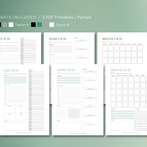 Puede incluir: Dos p&aacute;ginas PDF imprimibles de plantillas de planificador diario, semanal y mensual. Las plantillas est&aacute;n en blanco y negro con un color de acento verde claro. El texto "WHATS INCLUDED | 2 PDF Printables | Portrait" est&aacute; en la parte superior de la p&aacute;gina. El texto "Option A" y "Option B" est&aacute; debajo del texto.