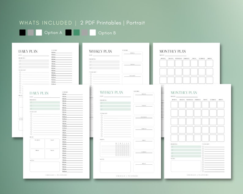 Puede incluir: Dos p&aacute;ginas PDF imprimibles de plantillas de planificador diario, semanal y mensual. Las plantillas est&aacute;n en blanco y negro con un color de acento verde claro. El texto "WHATS INCLUDED | 2 PDF Printables | Portrait" est&aacute; en la parte superior de la p&aacute;gina. El texto "Option A" y "Option B" est&aacute; debajo del texto.