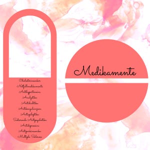 Op de afbeelding: Een roze en witte afbeelding met het woord "Medikamente" in cursief. Het ontwerp bevat een pilvormig element met medische termen zoals "Antihypertensiva" en "Multiple Sklerose". De achtergrond heeft een aquareleffect.