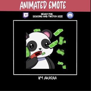 Könnte beinhalten: Animierter Emote mit einem Panda mit weißem Gesicht, schwarzen Ohren und schwarzen Augen, der grünes Geld bläst. Der Text "ANIMATED EMOTE" steht oben, darunter "READY FOR DISCORD AND TWITCH SIZE".