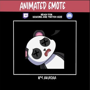 May include: Animated emote of a black and white panda with pink ears, looking to the left with a sad expression. The panda has X's for eyes and a frown. The background is black. The text "READY FOR DISCORD AND TWITCH SIZE" is above the panda and the text "BY AKASAA" is below the panda.