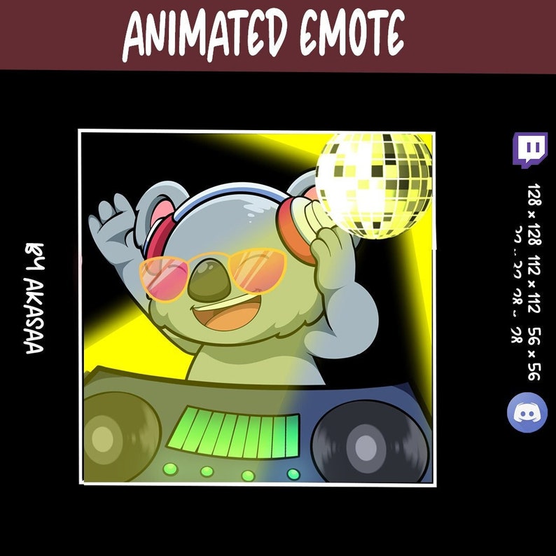 May include: Animated Twitch emote featuring a grey koala wearing sunglasses and headphones, holding a disco ball, and standing in front of a DJ mixer with green lights. The text "BY AKASAA" is on the left side of the image.