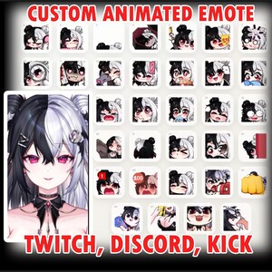 May include: A collection of digital animated emotes featuring a character with split black and white hair and pink eyes. The set includes various expressions and actions, with the text CUSTOM ANIMATED EMOTE at the top and TWITCH, DISCORD, KICK at the bottom.