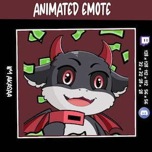 Puede incluir: Emoticono animado de Twitch de un personaje de dibujos animados con cuernos rojos, alas rojas y un collar rojo. El personaje tiene pelaje negro, pelaje blanco en la cara y ojos rojos. El personaje sonríe y tiene una expresión feliz. Billetes de dólar verdes caen del cielo.