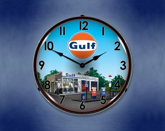 GULF GAS STATION LIGHTED BACKLIT LED WALL CLOCK RETRO MAN CAVE GARAGE USA NEW 