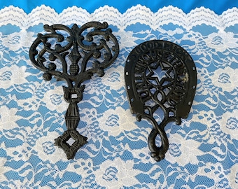 Cast Iron Trivets, Set of Two, Vintage, Wilton Good Luck To All Whouse This Stand, Butterfly Trivet #247