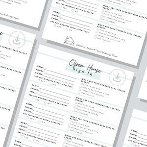 Pu&ograve; includere: Un foglio di registrazione bianco e azzurro per una casa aperta. Il foglio chiede ai visitatori di fornire il loro nome, numero di telefono, indirizzo email e se stanno lavorando con un agente immobiliare. Il foglio chiede anche ai visitatori di indicare le loro attuali esigenze immobiliari, come se stanno cercando di acquistare, vendere o semplicemente guardare.