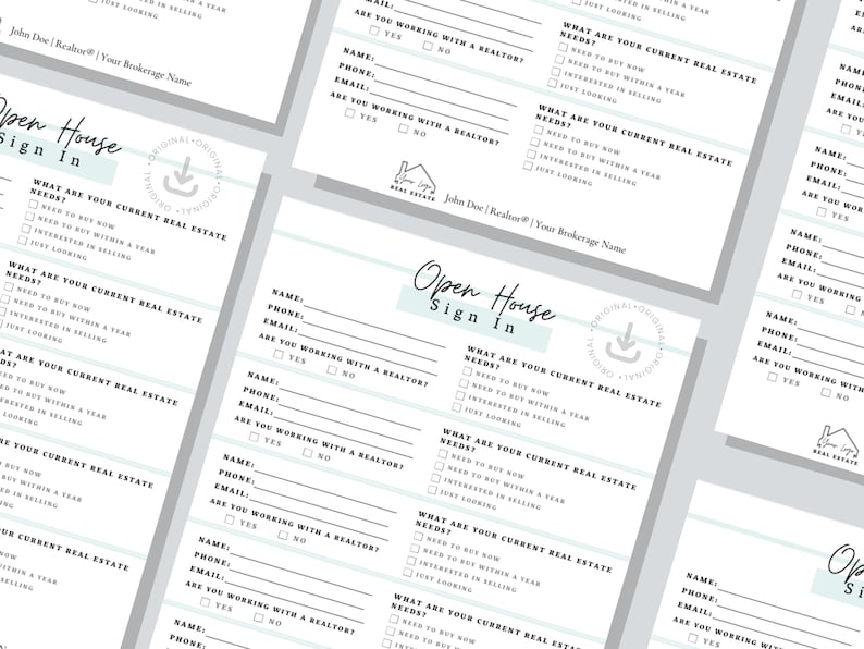 Pu&ograve; includere: Un foglio di registrazione bianco e azzurro per una casa aperta. Il foglio chiede ai visitatori di fornire il loro nome, numero di telefono, indirizzo email e se stanno lavorando con un agente immobiliare. Il foglio chiede anche ai visitatori di indicare le loro attuali esigenze immobiliari, come se stanno cercando di acquistare, vendere o semplicemente guardare.