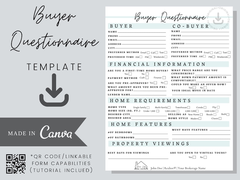 Buyer Questionnaire Template real Estate Editable Etsy