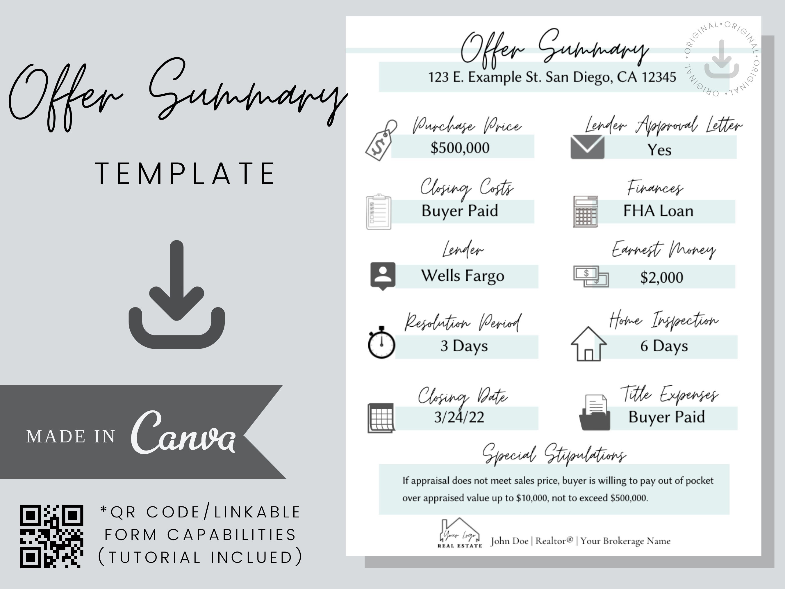 Offer Summary Template (real Estate) - Editable - Etsy