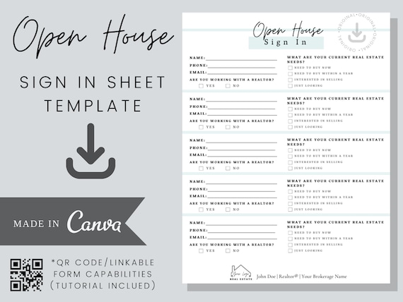 Real Estate Open House Sign In Sheet Template - Editable