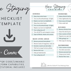 May include: A printable checklist template for home staging, with sections for general, bedrooms, kitchen, bathrooms, and main living areas. The checklist includes tasks such as deep cleaning, decluttering, and removing personal items. The template is made in Canva and includes a QR code for linkable form capabilities.