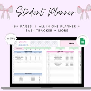 May include: A laptop computer screen displaying a pink and green student planner template with the text "Course Planner" and "PSY 101". The planner includes sections for class schedule, grade calculation, and a to-do list. The template is designed to be used with Google Sheets.