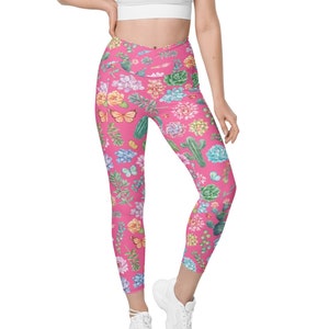Pink Succulent Crossover Waist Leggings with pockets