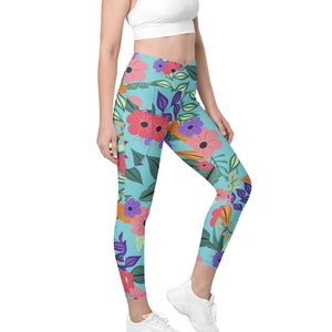Tropical Flowers Crossover Waist Leggings with pockets
