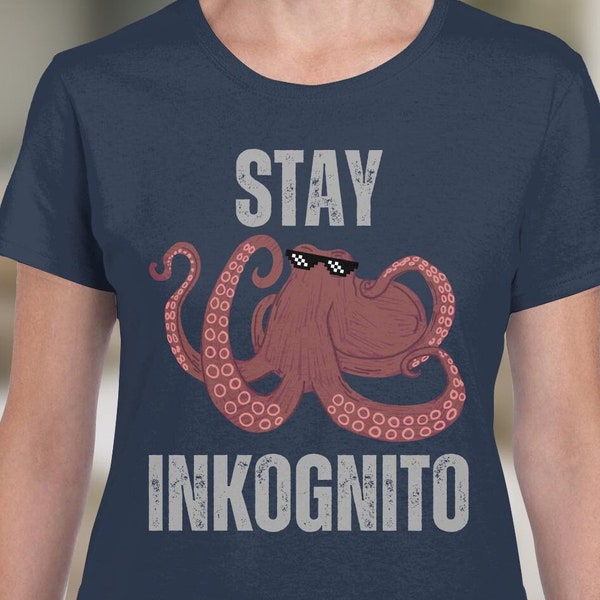 Octopus Stay Inkognito, t-shirt unisexe pour femme. Coupe décontractée. Chemise femme noire chinée.