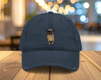 Embroidered Pug Dad Hat | Distressed Cotton Cap, Dog Lover Gift