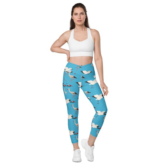 Japanese Crane Pattern Women's Yoga Pants High Waist Leggings with Pockets  Gym Workout Tights