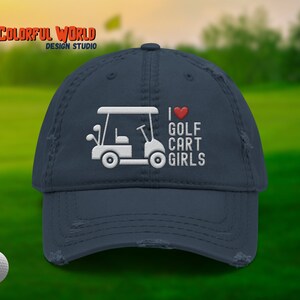I Love Golf Cart ガールズ ダメージ加工帽子 | おもしろゴルフ刺繍入りダメージ加工お父さんキャップ | ゴルファーへのギフト