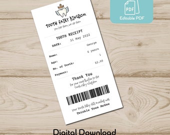 Editable Tooth Fairy Receipt, Personalised Tooth Fairy Receipt template, Printable Lost Tooth Certificate, Tooth fairy record
