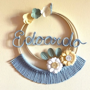 Fiocco nascita macrame’ bambino con nome personalizzato, ghirlanda nascita, cerchio nome cameretta, decorazione murale, baby shower