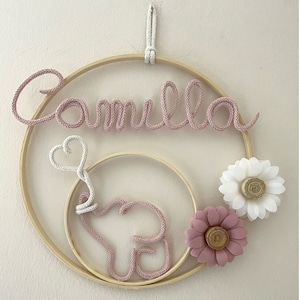 Fiocco nascita con nome personalizzato, ghirlanda nascita, corona nome cameretta, elefantino macrame’, decorazione murale, baby shower