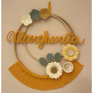 Fiocco nascita macrame’ bambina con nome personalizzato, ghirlanda nascita, cerchio nome cameretta, decorazione murale, baby shower