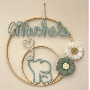 Fiocco nascita con nome personalizzato, ghirlanda nascita, corona nome cameretta, elefantino macrame’, decorazione murale, baby shower