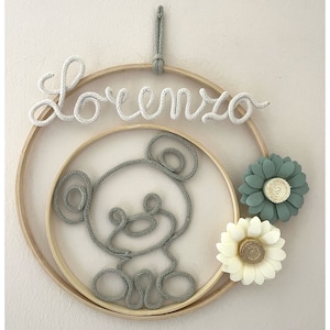 Fiocco nascita con nome personalizzato, ghirlanda nascita, corona nome cameretta, orsetto macrame’, decorazione murale, baby shower