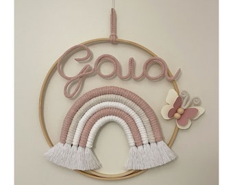 Noeud de naissance bébé fille personnalisé, guirlande de naissance, cercle prénom chambre d'enfant, arc-en-ciel macramé, décoration murale, baby shower