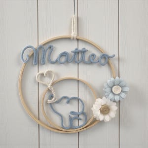 Laço de nascimento com nome personalizado, guirlanda de nascimento, coroa de flores com nome para quarto de bebê, elefante de macramê, decoração de parede, chá de bebê