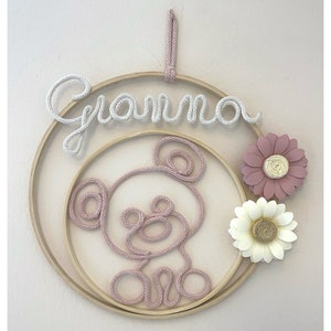 Fiocco nascita con nome personalizzato, ghirlanda nascita, corona nome cameretta, orsetto macrame’, decorazione murale, baby shower