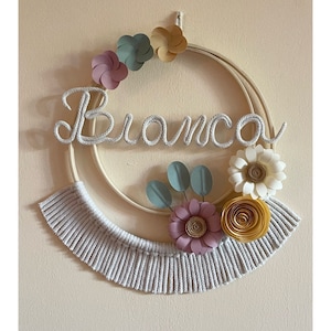Fiocco nascita macrame’, bambina/bambino con nome personalizzato, ghirlanda nascita, cerchio nome cameretta, decorazione murale, baby shower