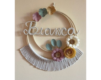 Fiocco nascita macrame’, bambina/bambino con nome personalizzato, ghirlanda nascita, cerchio nome cameretta, decorazione murale, baby shower