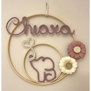 Fiocco nascita con nome personalizzato, ghirlanda nascita, corona nome cameretta, elefantino macrame’, decorazione murale, baby shower