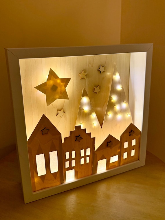 Beleuchtetes Weihnachtsbild, Weihnachtsdorf im Bild, beleuchtete Weihnachtshäuser