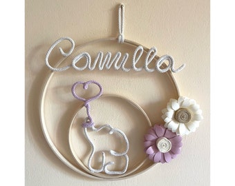 Fiocco nascita con nome personalizzato, ghirlanda nascita, cerchio nome cameretta, elefantino macrame’, decorazione murale, baby shower